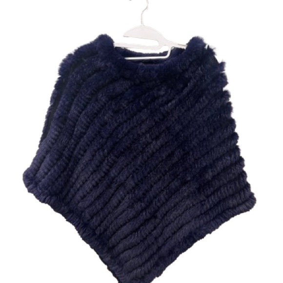 Diana Rosh Navy Poncho Rex Rabbit Fur - Picture 2 of 7